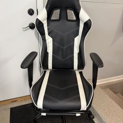 Brand New Black/White Tall Back Height Adjustable Reclining Gaming Chair w/Slide Out Footrest 