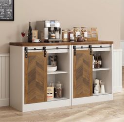 Farmhouse  Coffee Bar Cabinet with Storage, White Coffee Bar Table with Sliding Barn Door, Adjustable Shelves, Bar Cabinet for Kitchen, Dining Living 