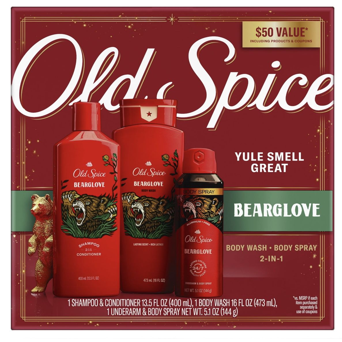 Old Spice Bearglove Holiday Men's Gift Pack Body Wash, Body Spray