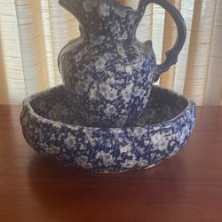 Victoria Ware Ironstone Calico Blue Water Pitcher & Bowl