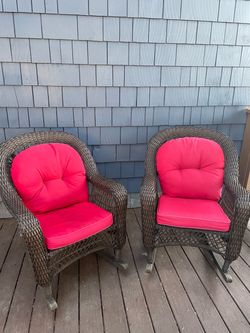 Wicker Rocking Chairs with Red Cushions – Set of 2