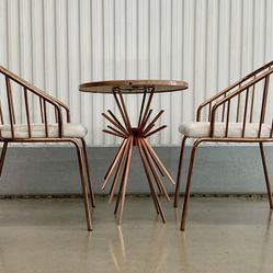 Rose gold slat w/ beige velvet seat chairs w/ mirrored top table bistro set of 3