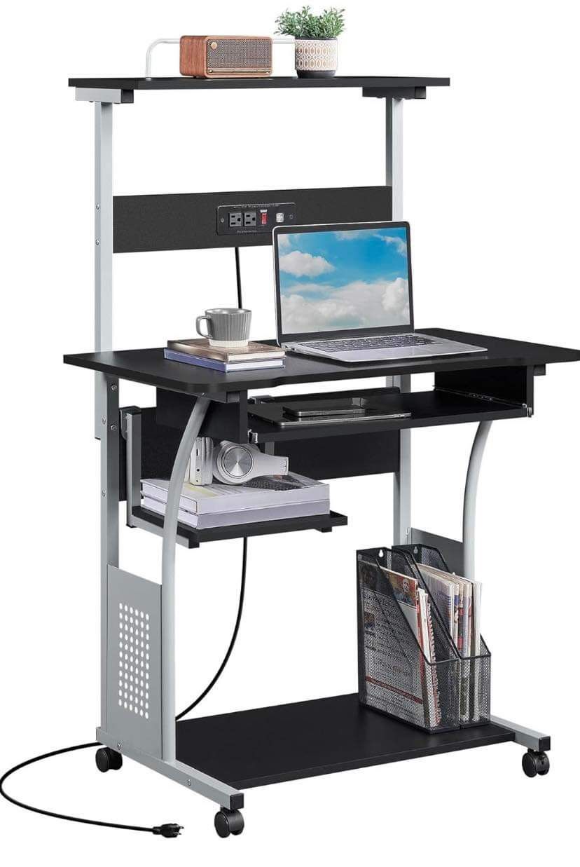 Mobile Home Office Desk with Power Outlet, Black
