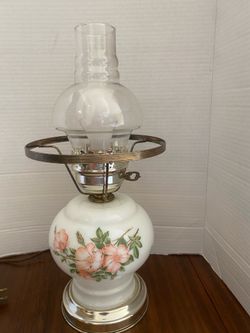 Vintage Hurricane Table Lamp with Turn Key Switch Painted Roses