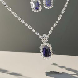 Silver Toned Sapphire And CZs Necklace Set