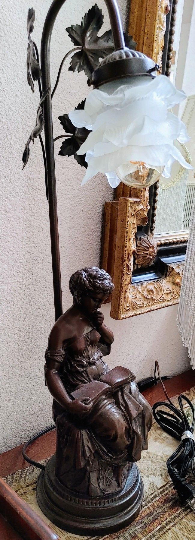 Vintage Art Nouveau Lady Reading Lamp With Floral Glass Shade