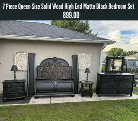 7 Piece Queen Size Solid Wood High End Matte Black Bedroom Set