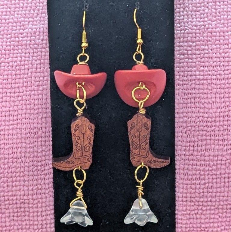 Country Cowgirl Dangle Earrings – Red Cowboy Hat, Western Boots & Tulip Charms (Handmade & Hypoallergenic)