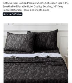 100% Natural Cotton Percale Sheets Set,Queen Size 4 PC, Breathable&Durable Hotel Quality Bedding, 16" Deep Pocket Botanical Floral Bedsheets,Black