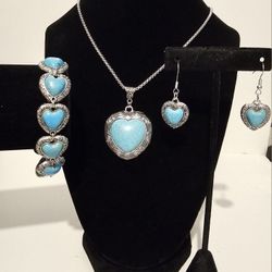 New Silver Turquoise Heart Necklace,  Bracelet  And Earrings 