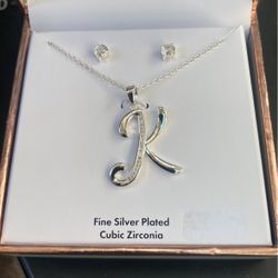 LETTER K SILVER PLATED NECKLACE & MATCHING EARRINGS