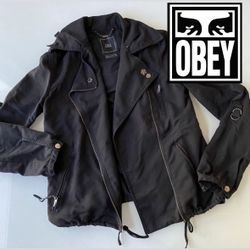 Women XS - OBEY jacket sweater black moto bomber zip up  (hypebeast Supreme Off White Stussy Ape Palace Fear Of God Kith)