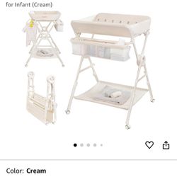 Portable Changing Table, One-Touch Folding Baby Diaper Changing Station with Wheels and Adjustable Height for Infant (Cream)