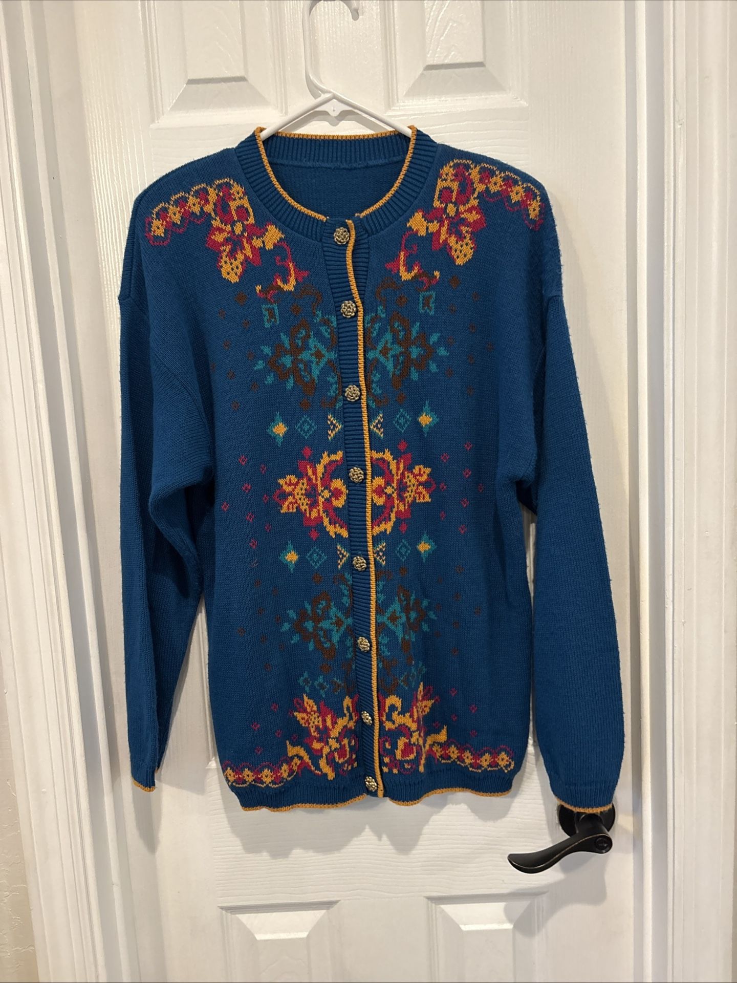 Vintage The Villagers Cardigan Sweater Women’s 2XL – Teal Blue Folk Floral Knit – 1980s Boho Style