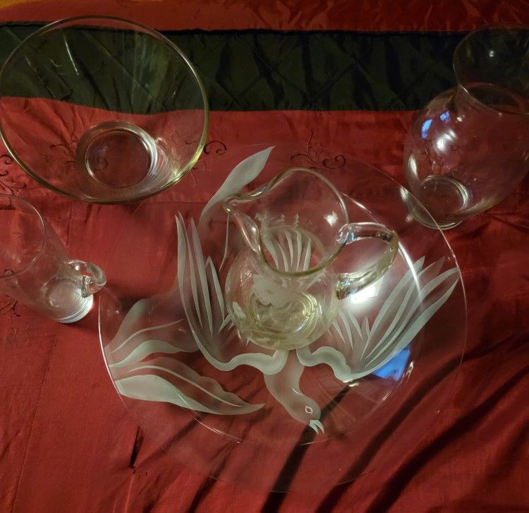 5 Piece/Large/Etched Swan Pitcher&Bowel Serving Set