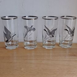 Geese Hunting Federal Glass Co. Mid Century 4 Wildlife Geese Glasses Silver Art 14 oz