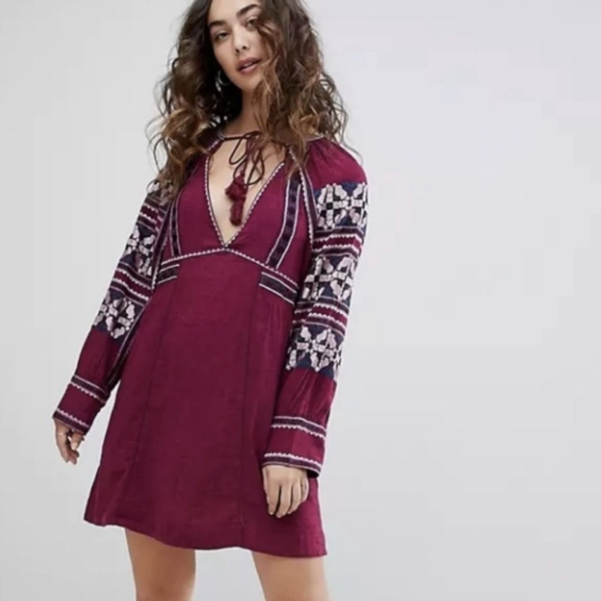 FREE PEOPLE Wine Red Purple Boho All My Life Embroidered Smocked Tunic Dress