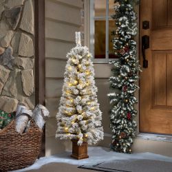 4Ft Pre-Lit LED Battery-Operated with Timer Artificial Flocked Fir Christmas Tree with Square Planter ,AP1657