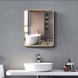 Rectangular White Metal Bathroom Medicine Cabinet with Mirror with Gold Outlining