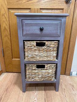 Wood Storage Cabinet/Nightstand with Drawer & 2 Wicker Baskets.