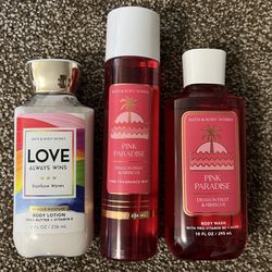  Bath & Body Works Gift Set – PINK PARADISE Body Wash, PINK PARADISE Fine Fragrance Body Mist + LOVE ALWAYS WINS RAINBOW WAVES Body Lotion 🌈 (3 Full-
