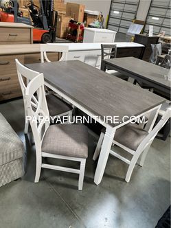 New! 6pcs White Rustic Dining Set, Dinette Set, Kitchen Table And Chairs, Table, Chairs, Bench, Casual Dining Set, Rectangular Dining Table, Dining Ro