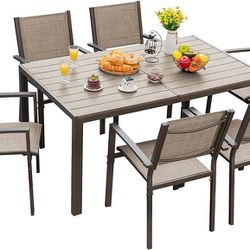 7-Piece Patio Dining Set, Metal Frame Outdoor Furniture with 6 Textilene Chairs and Rectangular Table, Family Kitchen Conversation Set for Backyard