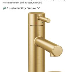 Moen Align Brushed Gold One-Handle Modern Bathroom Faucet with Drain Assembly and Optional Deckplate, Single Hole Bathroom Sink Faucet, 6190BG
