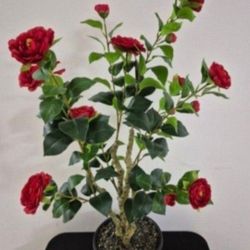 38" Faux Red Camellia Tree Topped With Labradorite Stones in Resin Planter @ Lasting Creations