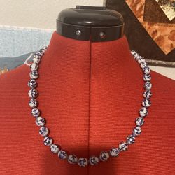 Vintage Blue & White Porcelain Bead Hand Knotted Necklace Stand, 24 inches. Made in China. Handmade
