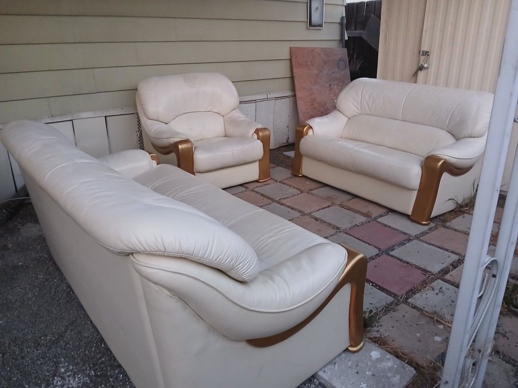 White Real Leather Couch, Love Seat, Chair
