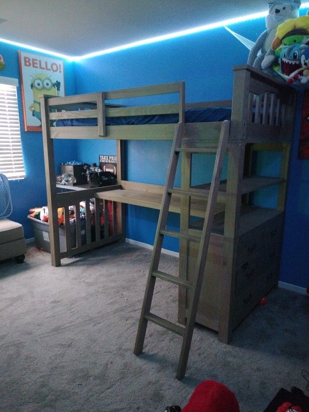 Wooden Twin Trundle Loft Bunk Bed With Desk And Drawers