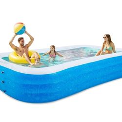 Kids Inflatable Pool, 120" x 72" x 22" Rectangular Family Swimming Pool, Durable PVC Material, Blow-up Pool for Children, Outdoor Summer Fun, Easy Set