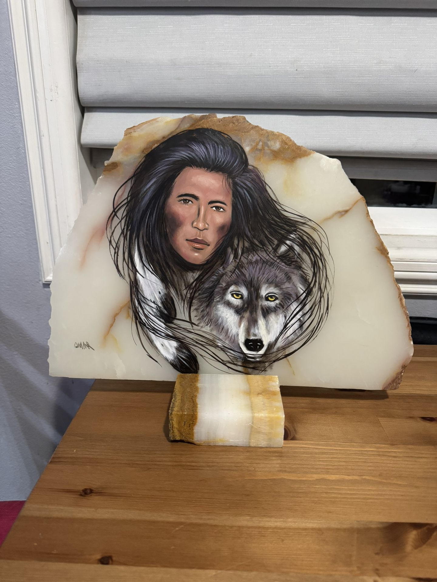 Native American Painting On Slab Of Marble
