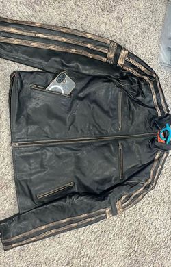 Brand new vintage premium leather motorcycle jacket inside orange liner multi pockets size M.