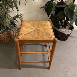 EARLY-AMERICAN-STYLE, HEAVY WOOD STOOL (21.5"H) w/NATURAL REED SEAT - posted price is firm.