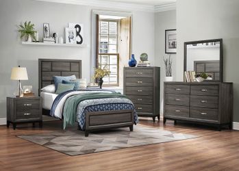 Brand new gray twin panel bed frame + dresser + mirror + nightstand