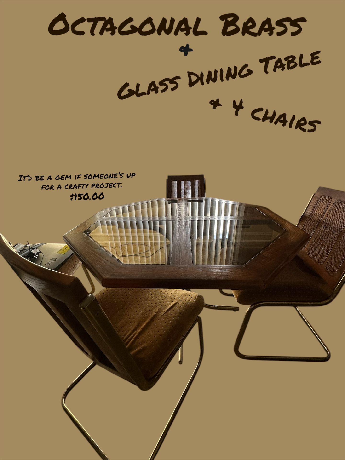 MCM Glass Octagonal Table + 4 Chairs (As Is)