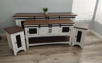 Beautiful 79” farmhouse/rustic tv stand with matching end tables and sofa table