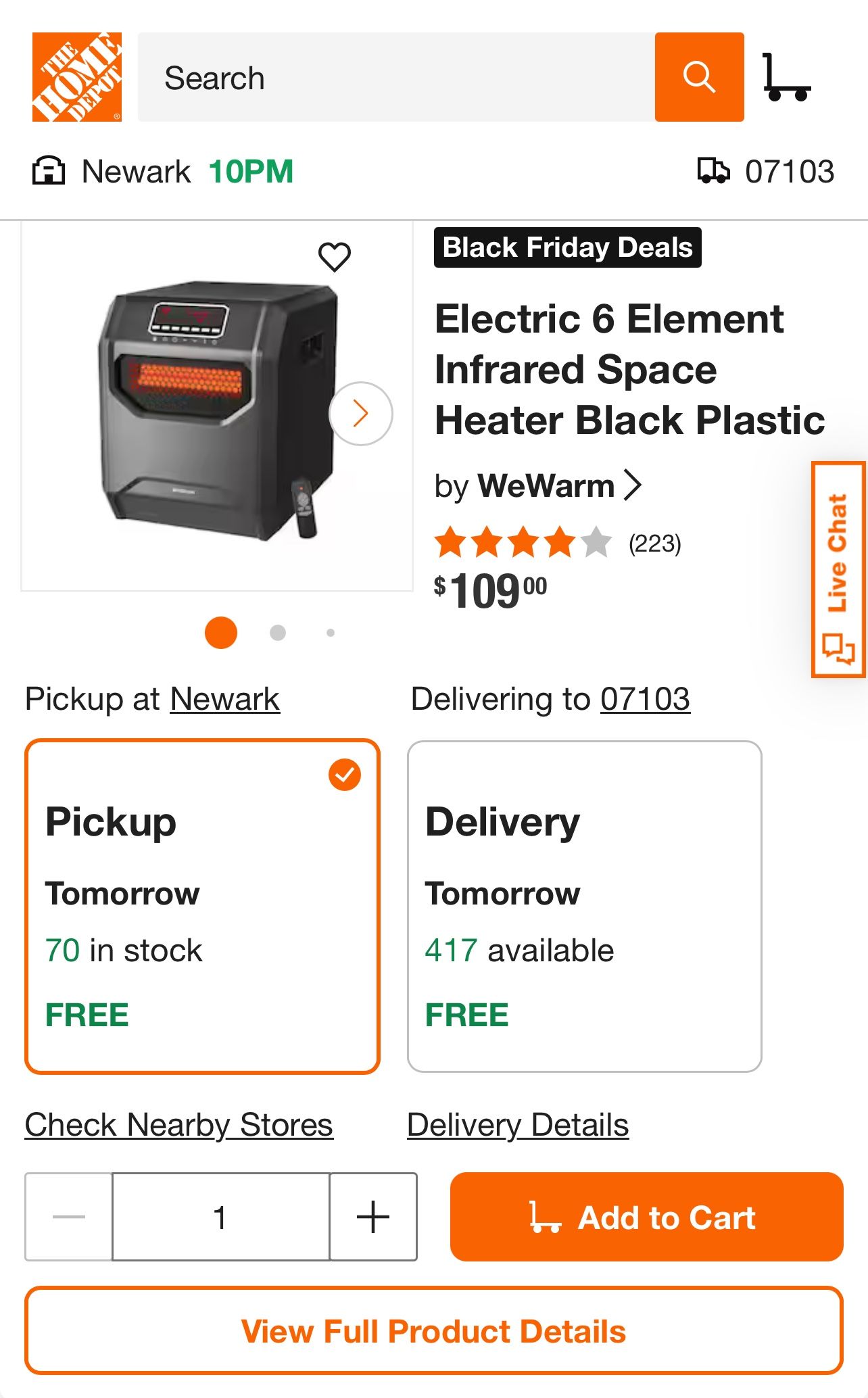 We warm Electric 6 Element Infrared Space Heater Black Plastic