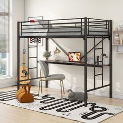 JUISSANO Loft Bed Frame with Desk- BLACK