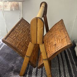 Magazine Bamboo Sticks Foldable Wooden VTG Newspaper Rack BasketWeave Wicker