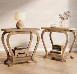 Set of two 2-Tier End Table, Narrow Accent Side Table with with Storage Shelves