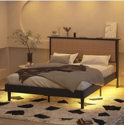 Full Size Metal Bed Frame with Rattan Headboard, Metal Platform Bed Frame RGB Led Lights with Charging Station