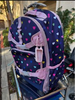 Pottery Barn Kids Rolling Backpack, Mackenzie Navy Pink Multi Hearts