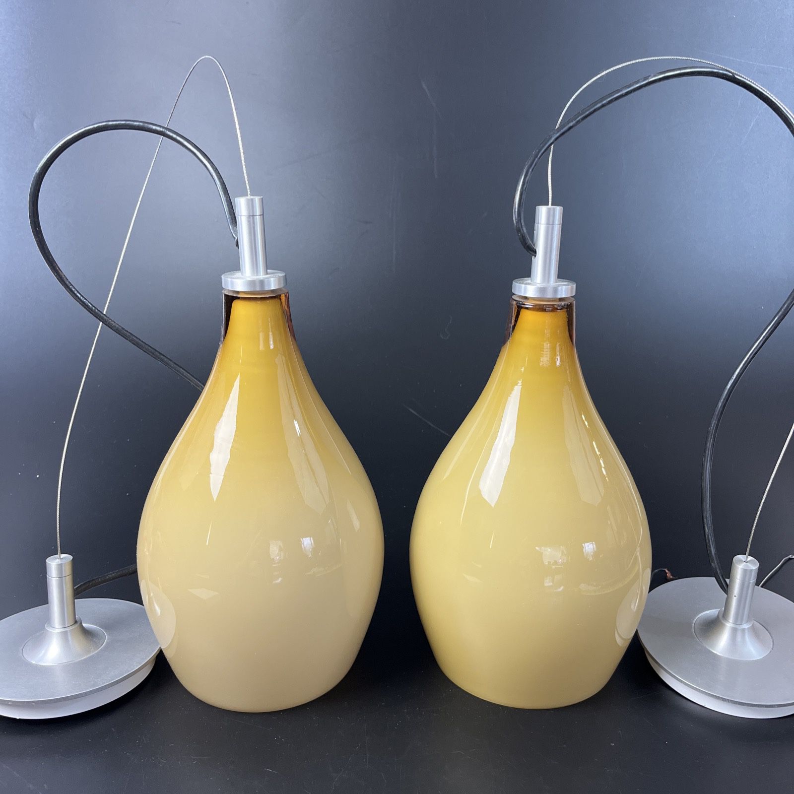  Set of 2 Vintage Resolute Hand Blown Glass Pendant Ceiling Lights Yellow/Beige  Cords are about 23-24" - Shades Measure about 5" X 10"  No Chips or c