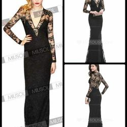 NWT BLACK FULL LENGTH LACE SHEER BACK V NECK FORMAL GOTH PROM DRESS GOWN SIZE L LARGE