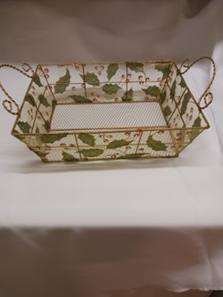 BRAND NEW 2 HANDLE BASKET,  GOLD TRIM, RED BERRIES AND GREEN LEAVES AROUND IT