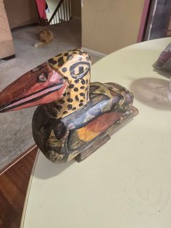 Hand-Carved Painted Wooden Bird Sculpture