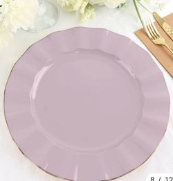 10 Pack 11" Lavender Lilac Disposable Dinner Plates With Gold Ruffled Rim,